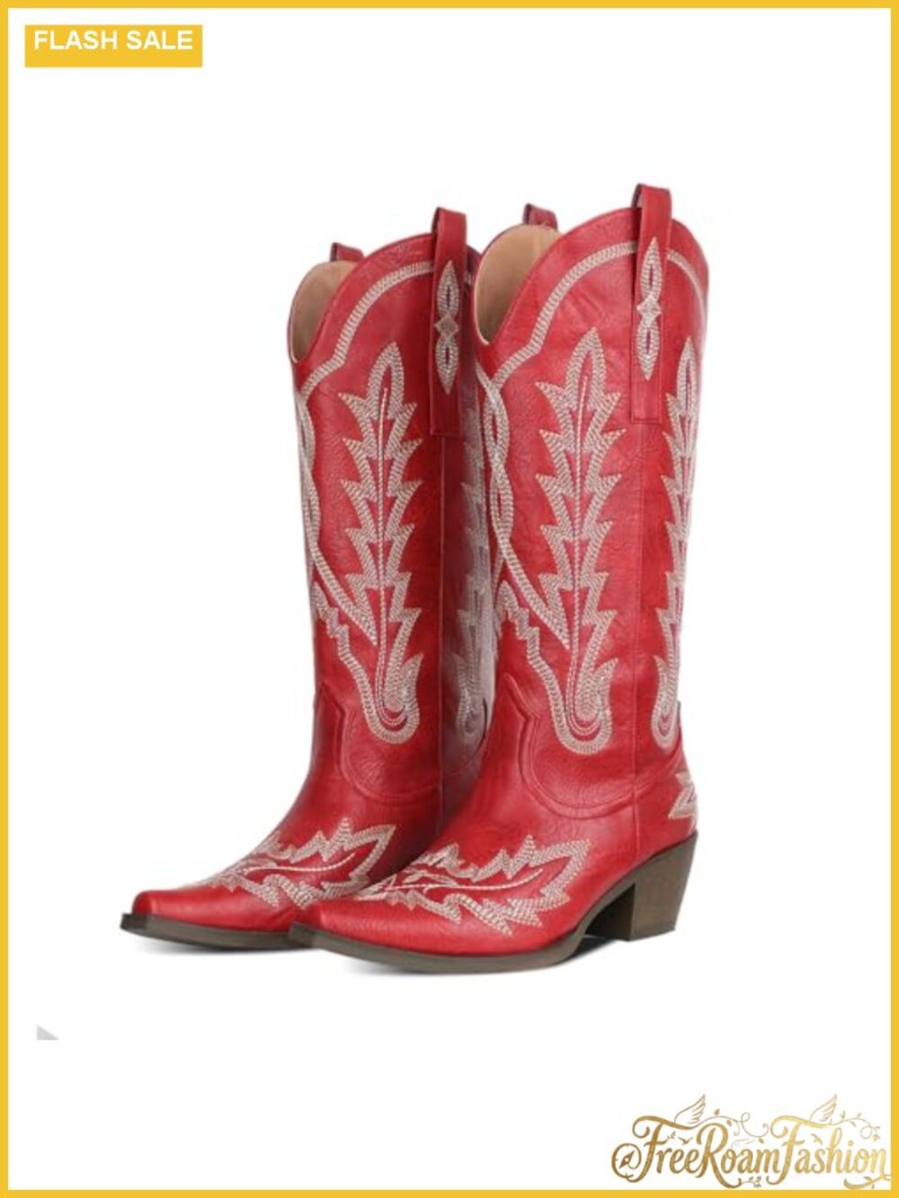 Knee High Cowboy Boots Embroidered Chunky Heel Cowgirl Faux Leather